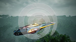 A spaceship flying over an unknown green planet. A futuristic concept of a UFO. 3D rendering.
