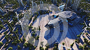 Spaceship in a futuristic city, town. The concept of the future. Aerial view. 3d rendering.