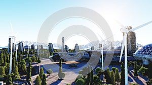 Spaceship in a futuristic city, town. The concept of the future. Aerial view. 3d rendering.