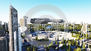 Spaceship in a futuristic city, town. The concept of the future. Aerial view. 3d rendering.