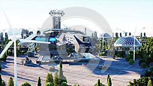 Spaceship in a futuristic city, town. The concept of the future. Aerial view. Super realistic 4k animation.
