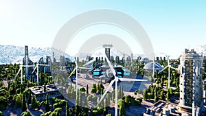 Spaceship in a futuristic city, town. The concept of the future. Aerial view. Super realistic 4k animation.