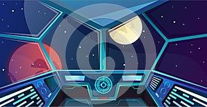 Spaceship futuristic command post. Interior of captains bridge in cartoon style. Vector illustration with radar, screen, hologram