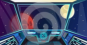 Spaceship futuristic interior of captains bridge in cartoon style. Command post. Vector illustration with radar, screen, hologram