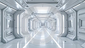 Spaceship hallway interior background, white corridor in starship or space station with control panels. Perspective inside room of