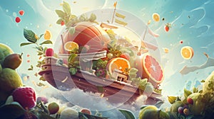 A spaceship harvester collecting and then leaving a planet filled with fruits