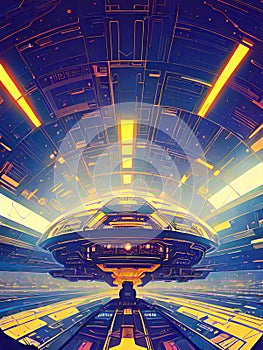 spaceship inside a space station hangar, generative AI illustration, science fiction scenery photo