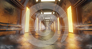 Spaceship interior architecture corridor,modern futuristic Sci Fi space,metal floor and light panels,orange neon glowing light and