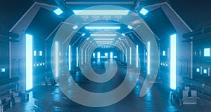 Spaceship interior architecture corridor,modern futuristic Sci Fi space,metal floor and light panels,white neon glowing light and
