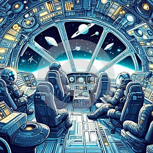 Spaceship interior with astronauts in spacesuits inside.