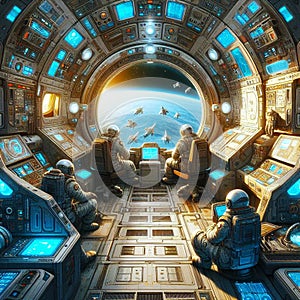 Spaceship interior with astronauts in spacesuits inside.