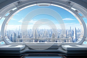 Spaceship interior with city view and blue sky 3D rendering, White spaceship interior with window view on the city. 3d rendering,