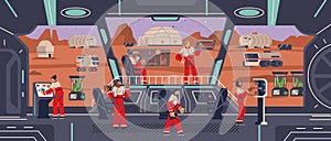 Spaceship interior landed on mars planet, flat vector illustration.