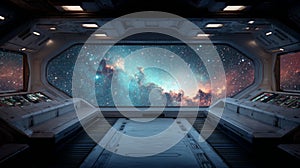 Spaceship interior observation deck with galaxy view through panoramic windows