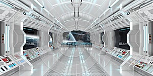 Spaceship interior with view on distant planets system 3D render