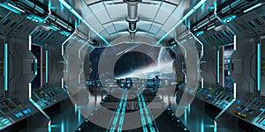 Spaceship interior with view on distant planets system 3D render