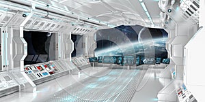 Spaceship interior with view on distant planets system 3D render