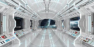 Spaceship interior with view on distant planets system 3D render