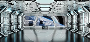 Spaceship interior with view on distant planets system 3D render