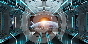 Spaceship interior with view on distant planets system 3D render