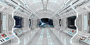 Spaceship interior with view on distant planets system 3D render