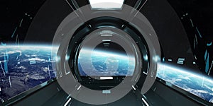 Spaceship interior with view on Earth 3D rendering elements of t