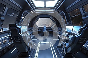 Spaceship interior with view on the planet Earth 3D rendering elements of this image furnished by NASA