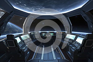 Spaceship interior with view on the planet Earth 3D rendering elements of this image furnished by NASA