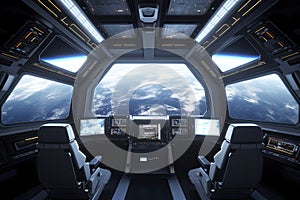 Spaceship interior with view on the planet Earth 3D rendering elements of this image furnished by NASA