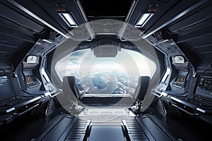 Spaceship interior with view on the planet Earth 3D rendering elements of this image furnished by NASA