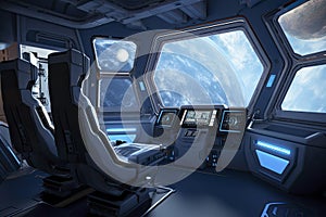 Spaceship interior with view on the planet Earth 3D rendering elements of this image furnished by NASA