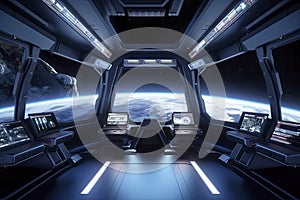 Spaceship interior with view on the planet Earth 3D rendering elements of this image furnished by NASA