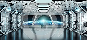 Spaceship interior with view on the planet Earth 3D rendering elements of this image furnished by NASA