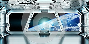 Spaceship interior with view on the planet Earth 3D rendering elements of this image furnished by NASA