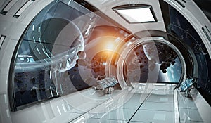Spaceship interior with view on planets 3D rendering elements of