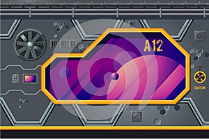 Spaceship interior with window. Rocket room game concept. Futuristic vector background.