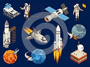 Spaceship isometric. Space elements set with earth planet, astronauts, satellite. Space exploration images, artificial