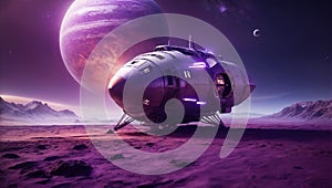 The spaceship landed on a planet with a purple atmosphere