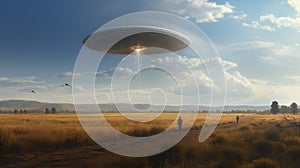 Spaceship landing on a rural area on earth, cloudy sky background UFO design. Generative ai
