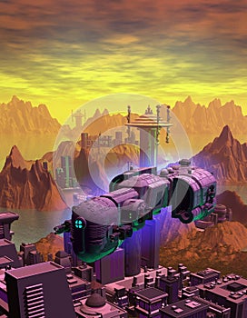 Spaceship Landing in the space base on and alien Planet with Sea, mountains and buildings. 3d rendering