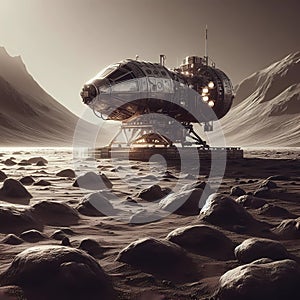 A spaceship lands on a desolate landscape.