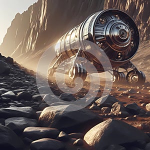 A spaceship lands on a desolate landscape.