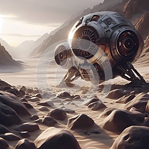 A spaceship lands on a desolate landscape.