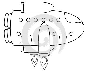 Spaceship lands horizontally - vector linear picture for coloring. Outline. Rocket for space research, tourism and cargo delivery.