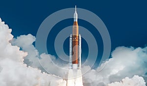 Spaceship launch from Earth in sky. Mission to Moon. Return to Moon. SLS space rocket. Orion spacecraft. Artemis space program to photo