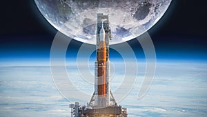 Spaceship on launch pad. Mission to Moon. Return on Moon. SLS space rocket. Orion spacecraft