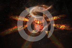 Spaceship launch in a style of cartoon character with flame and clouds of stars around and spiral galaxy at the front of.