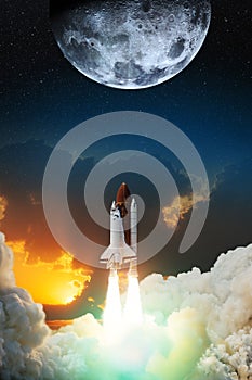 Spaceship lift off. Space shuttle with smoke and blast takes off into space on a background of sunset with a full moon.