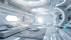 Spaceship living room interior, bright white hall in starship or futuristic tourist ship. Inside large cabin in spacecraft.