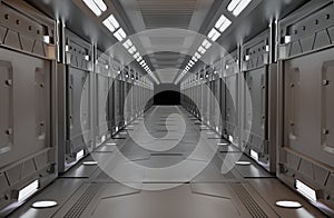 Spaceship metalic interior with view,tunnel,corridor,light copy space,nobody